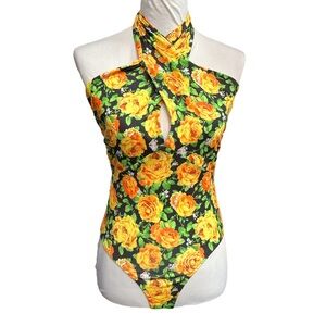 Zara Floral Halter Neck Bodysuit Yellow Black Green Size Small Medium